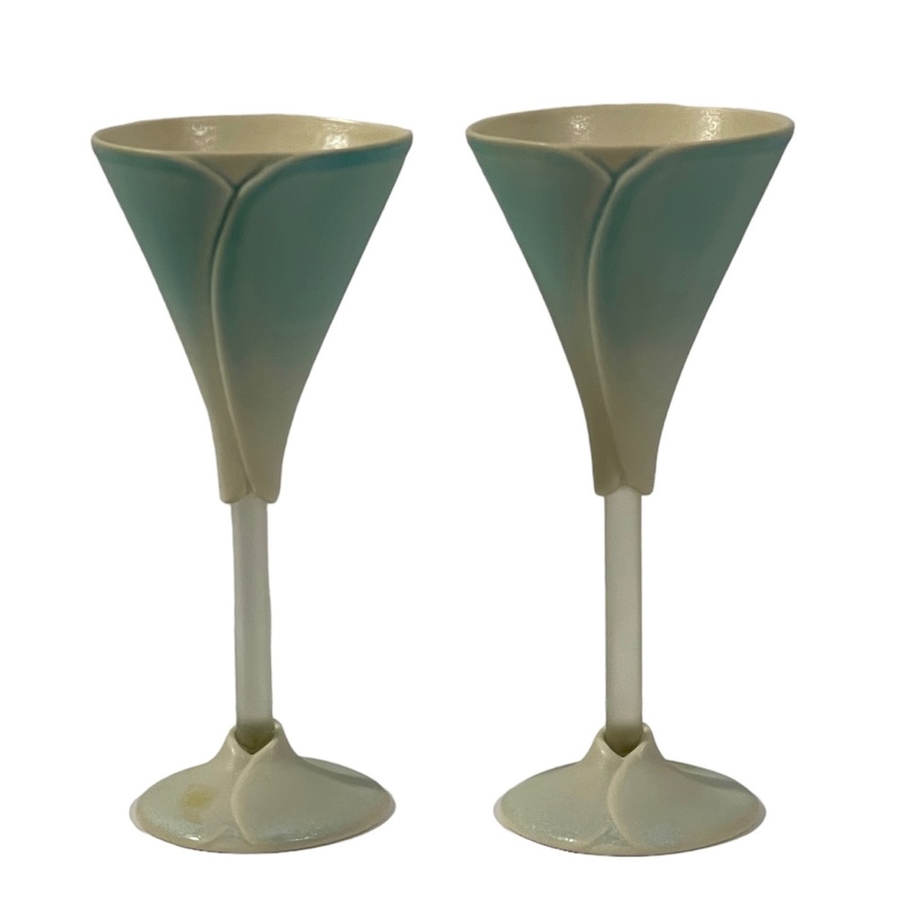 Vintage Pair Of Newman Ceramic Works Blue Cala Lilly Porcelain Flared Goblets.